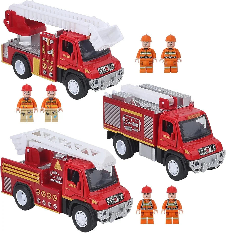 5.5 inch Fire Engine Toy Set 3 Pcak 6 fireman Metal Casting, Pull Back Cars Suitable for 4 6 7 8 Year Old Kids Toys for Boys and Girls Easter Party Gifts