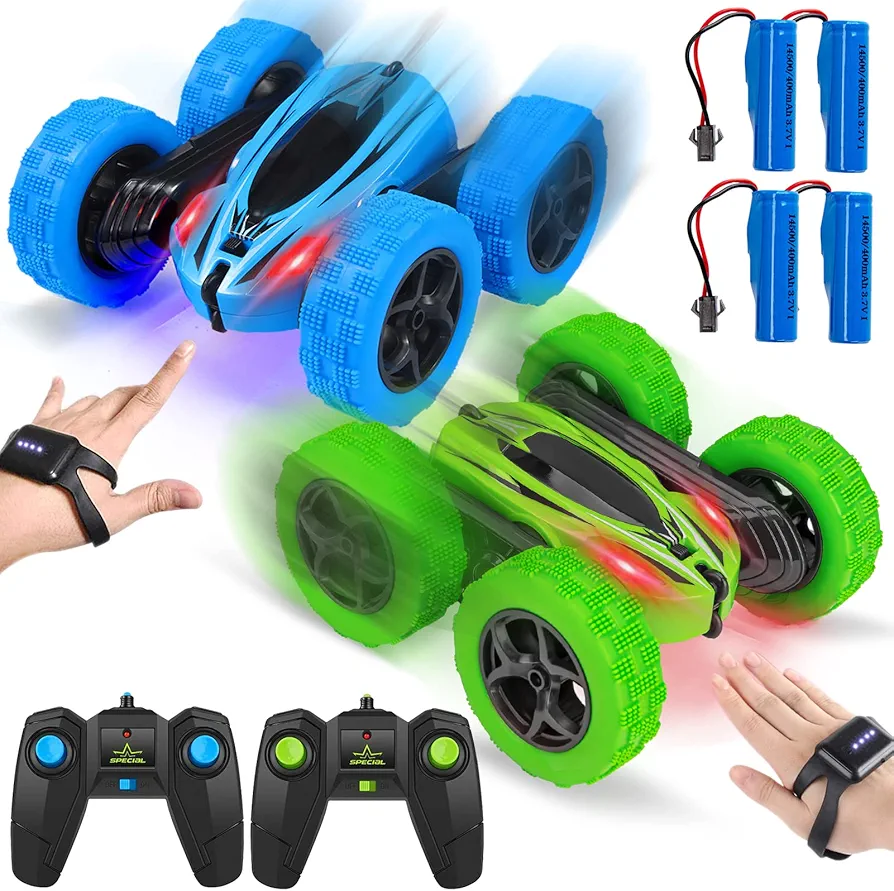 2-Pack RC Stunt Car - Gesture Sensor, 4WD, Double Sided, 360 Degree Rotating, Tumbling, High Speed - Rechargeable, 2.4GHz Off Road Hobby RC Toy Cars - Blue/Green