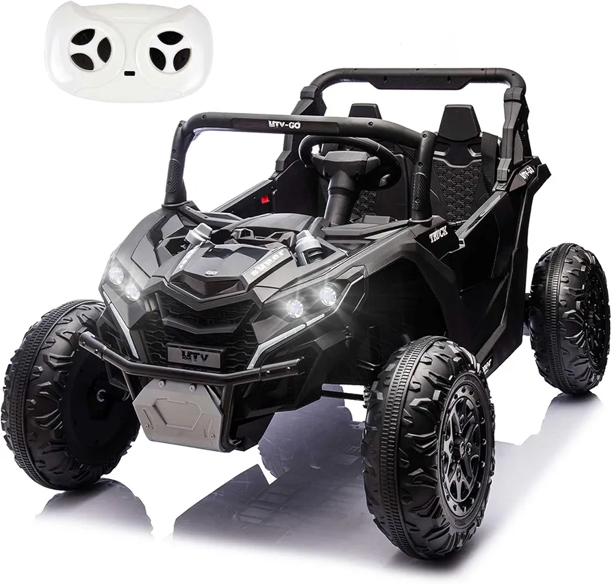 24V 7Ah Two-Seater Kids Ride on UTV, 4 Wheels Suspension Car W/Remote Control, Slow Start, Electric Toy Gifts Car for Kids, Anti-Collision Bar, LED Lights, Music, Safety Belt, Rear Cargo Box, Black