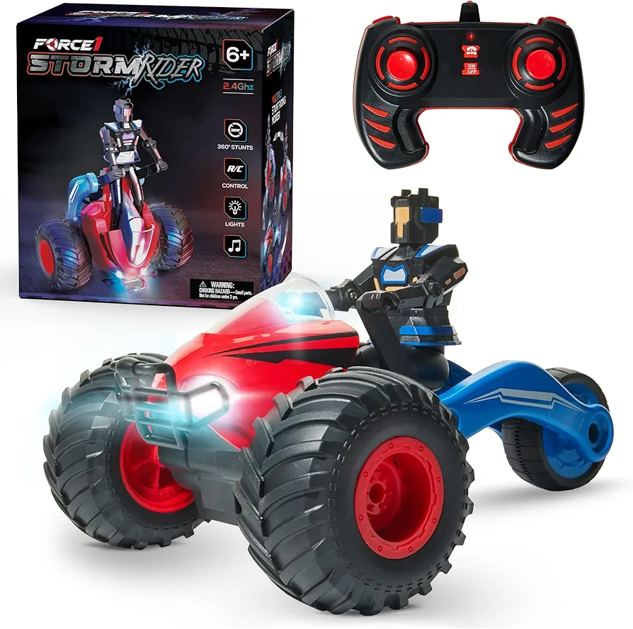 Force1 Storm Rider Remote Control Car for Kids - Rechargeable Fast Off Road RC Car, LED Stunt Toy Car with 360 Spins, Sit Stand Action Figure, Rubber Tires, 2.4 GHz Easy Remote Indoor Outdoor Kid Car