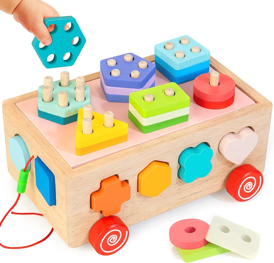 Bravmate Shape Sorter Learning Toys for Toddlers 18M+, Wooden Stacking Blocks Montessori Toys for 2 3 Year Old Colorful Activity Cube Learning & Education Preschool Toys Baby Boy Girl Gifts