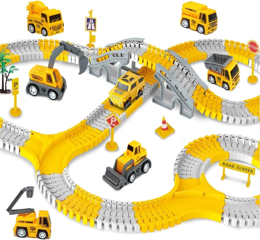 Kids Construction Toys, 258pcs Construction Race Tracks for Kids Toys, 1 Electric Cars, 6 Construction Cars, Flexible Track Play Set, Engineering Gifts for 3 4 5 6 Year Old Boys Girls