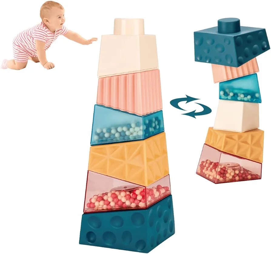 Baby Stacking Blocks Toys with Rattles, Sensory Building Toy Texture Blocks, Early Matching Educational Montessori Toys for Preschool Toddler Boys and Girls