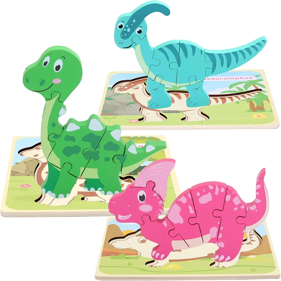 3 Pack Dinosaur Wooden Puzzles for Toddlers,Montessori Toys Dinosaur Puzzle for Kid 3 Year Old,Preschool Educational Learning Colorful Toys Gifts