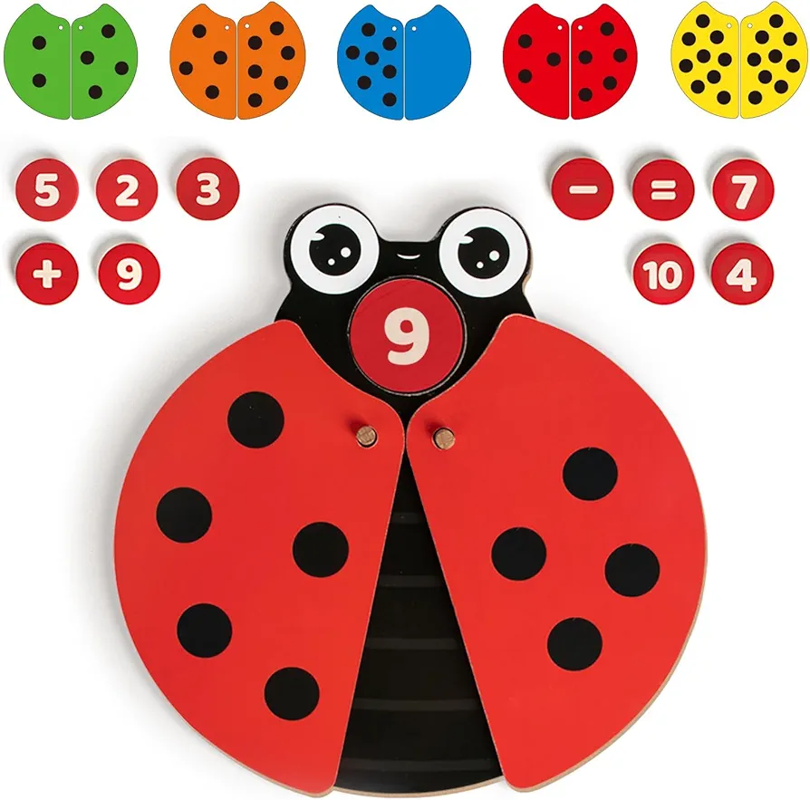 Ladybug Math Game, Numbers Matching Learning Toy, Wooden Counting Educational Preschool Wooden Toys for Toddler, Birthday Learning Gifts for Boys Girls 3+ Years Old