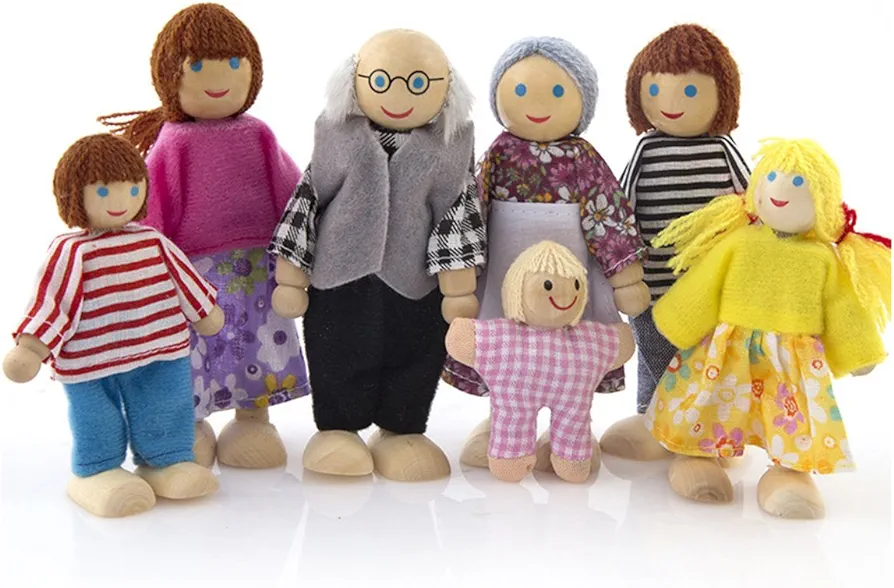 7 Pack Poseable Wooden Doll Dollhouse Dolls Wooden Doll Family Pretend Play Figures, Family Role Play Pretend Play Mini People Figures (Classic People)