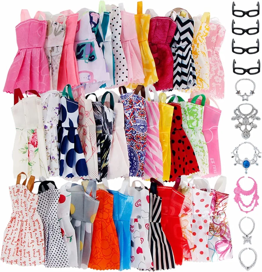 20 Pcs = Random 10x Mixed Style Mini Dress + 6X Plastic Necklaces + 4X Black Glasses Clothes for Accessories Toy