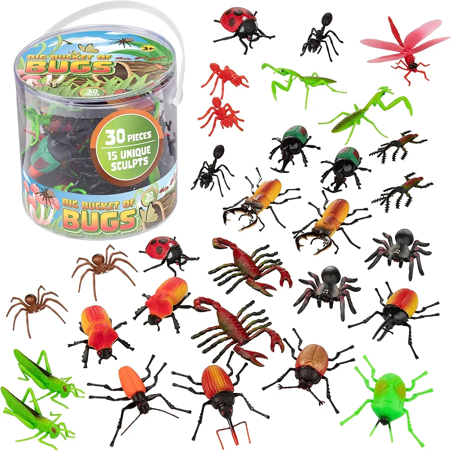 Toy Bug Action Figure Playset- 30 Pieces with 15 Unique Giant Insects- Educational Toy Set (Grasshoppers, Tarantulas, Spiders & more) - 2-4" Realistic Fake Bugs, Great for Pranks, Beach/Sandbox Toys