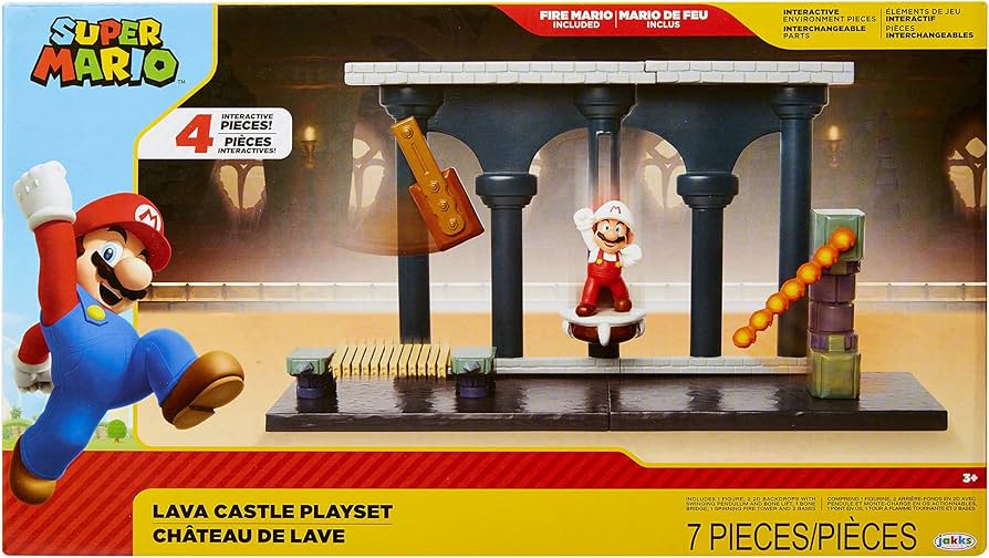 Nintendo Super Mario Lava Castle Deluxe Play Set, includes: 2.5” Fire Mario Figure & Mechanical Features, Spinning Fireballs Tower, Swinging Pendulum, Bone Lift & Bridge