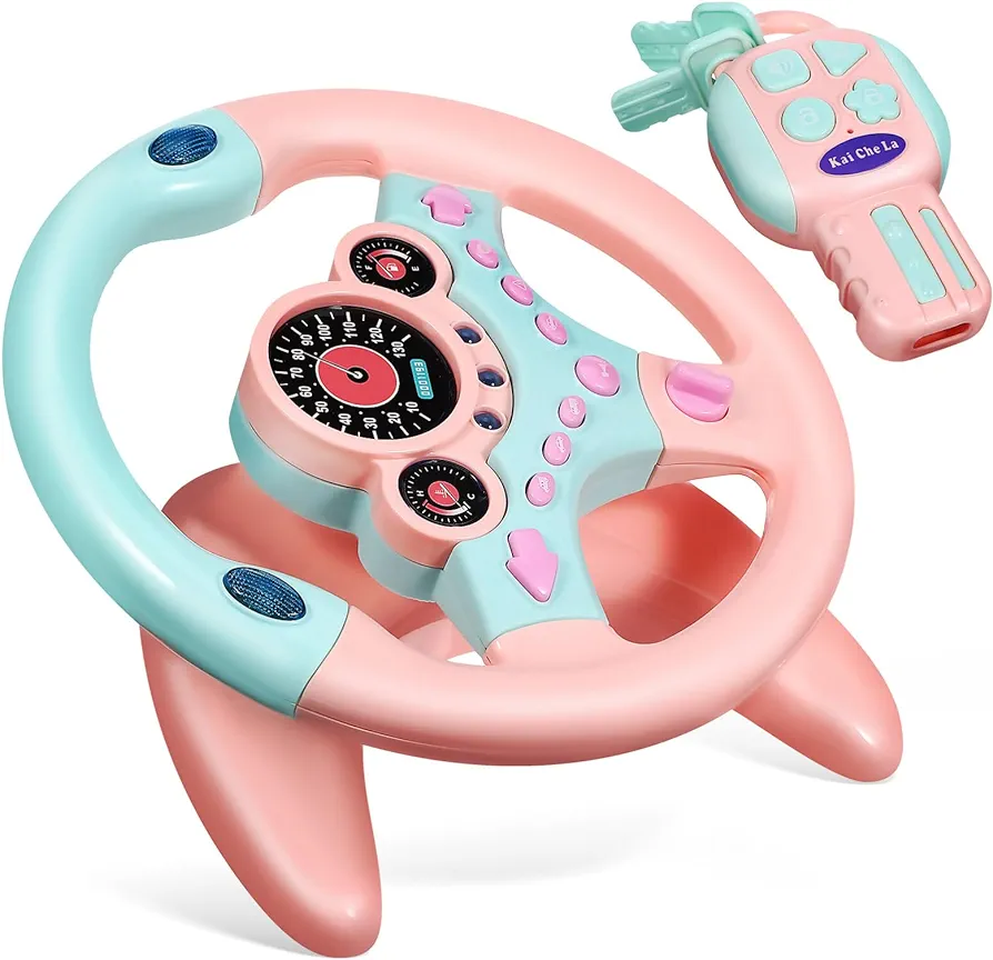 Kids Steering Wheel for Backseat with Car Key, Simulated Driving Steering Wheel Toy with Light and Music Toddlers Pretend Play Toy for Baby Children