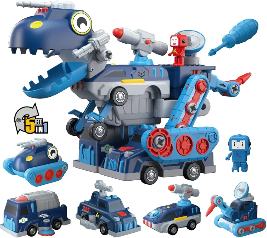 Toys for 5+ Year Old Boys, Take Apart Dinosaur, Magnetic Building Blocks Vehicles Play Set, 5 in 1 Cars & Trucks Transform Into Robot Dino T-rex, Engineering STEM Toys & Gifts for Boys & Girls