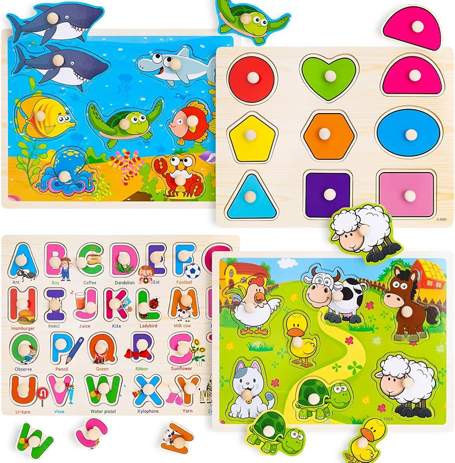 Wooden Peg Puzzles for Toddlers 2 3 4 Year Old, 4 Pack Montessori Toys Preschool Learning Puzzles for Toddlers 1-3 with Animals, Shapes, Alphabet, Wooden Toddler Toys Gifts for Kids Boys Girls