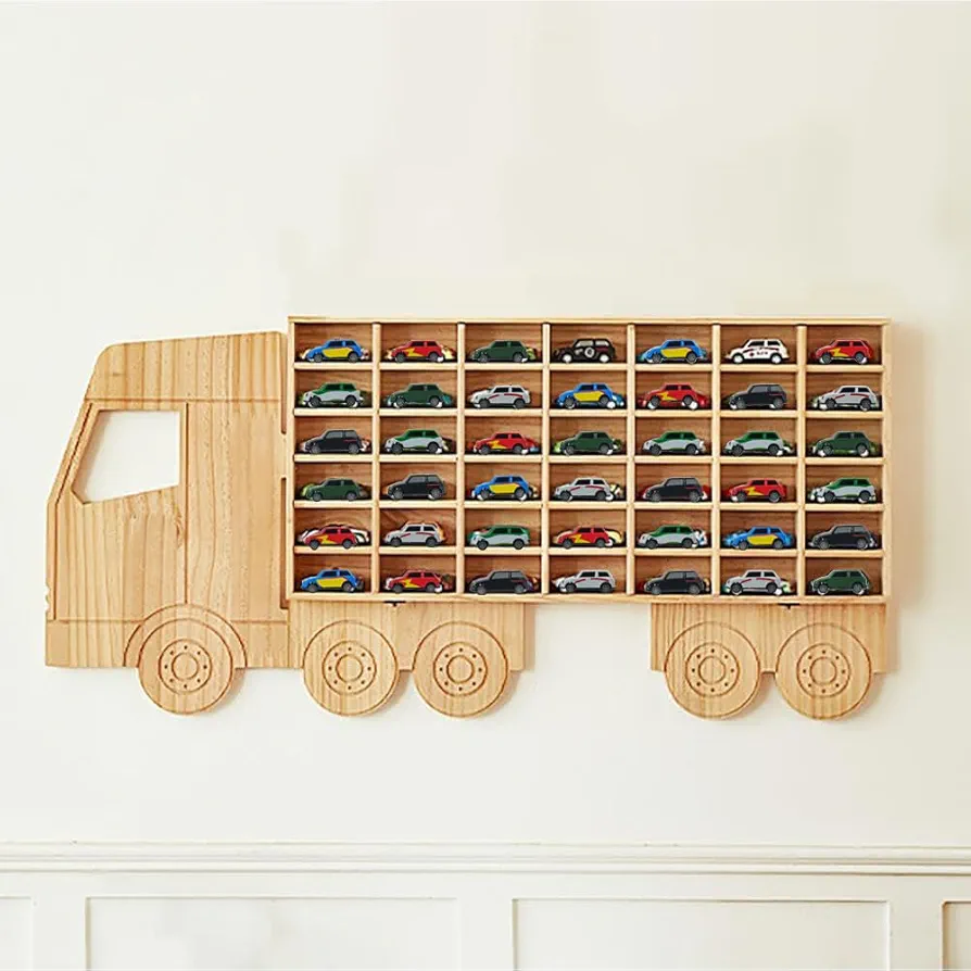 Wood Toy Car Display Rack, Holds 42 Diecast Cars Model Car Display Case 1/64 Scale Toy Cars Organizer Freestanding or Wall-Mounted Toy Car Storage Cabinet