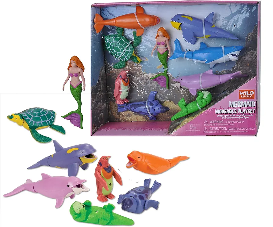 Wild Republic Mermaid Moveable Action Playset, Aquatic Animals, Kids Gifts, Water Toys, 9-Pieces