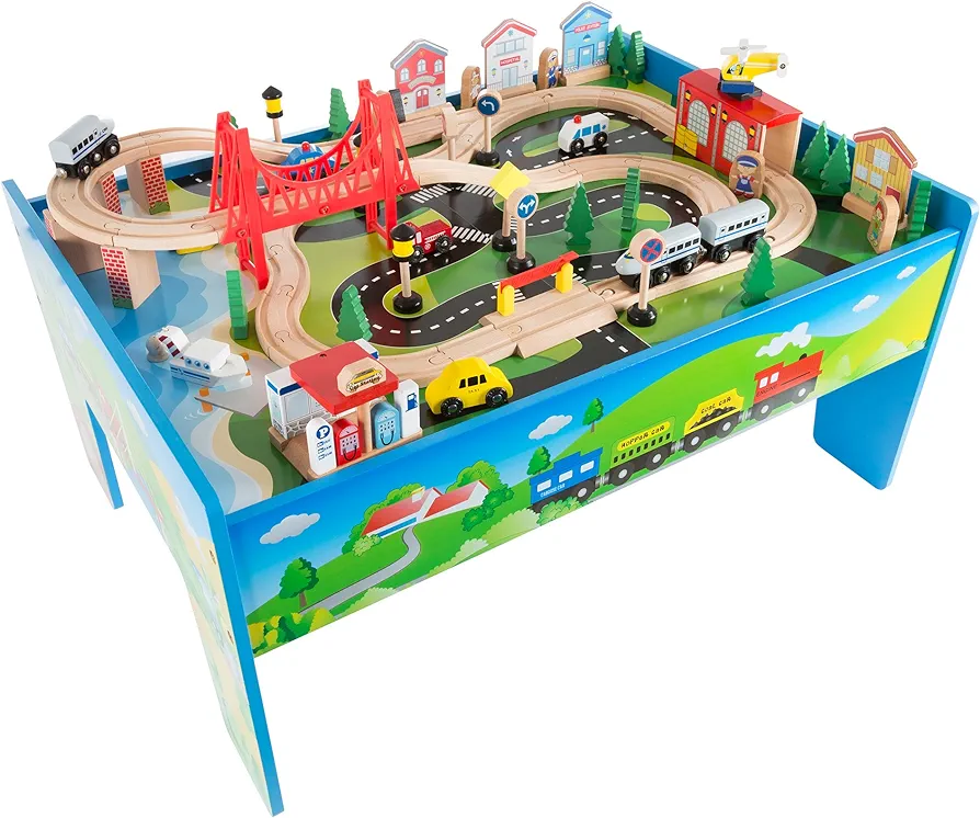 Wooden Train Set Table for Kids, Deluxe Had Painted with Tracks, Cars, Boats, and Accessories for Boys and Girls by Hey! Play!