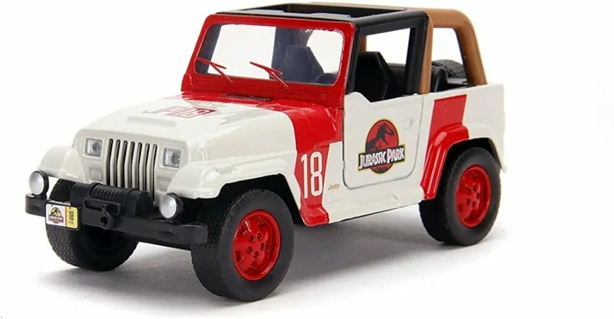 Jada Toys Jurassic World 1:32 Jeep Wrangler Die-cast Car, Toys for Kids and Adults,White/Red