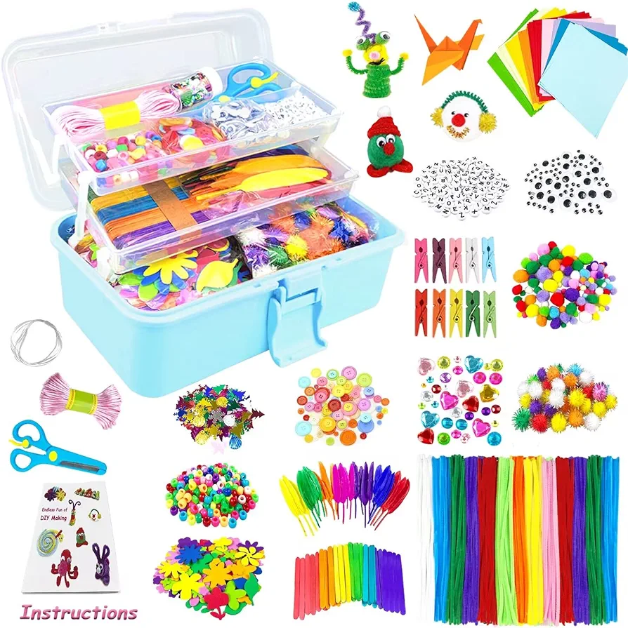 VLUSSO Arts and Crafts Supplies for Kids DIY Craft Kits Art Supplies Materials Kids Crafts Set with Pipe Cleaners Craft Box Preschool Homeschool Toys Gift for Kids Boys and Girls Age 4 5 6 7 8