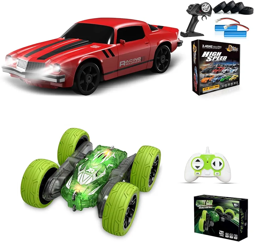 RC Drift Car 2.4GHz 1:24 4WD 15KM/H + Mini RC Stunt Cars for Kids with LED Lights Adults Boys Girls Kids Gift 2Pcs Rechargeable Batteries