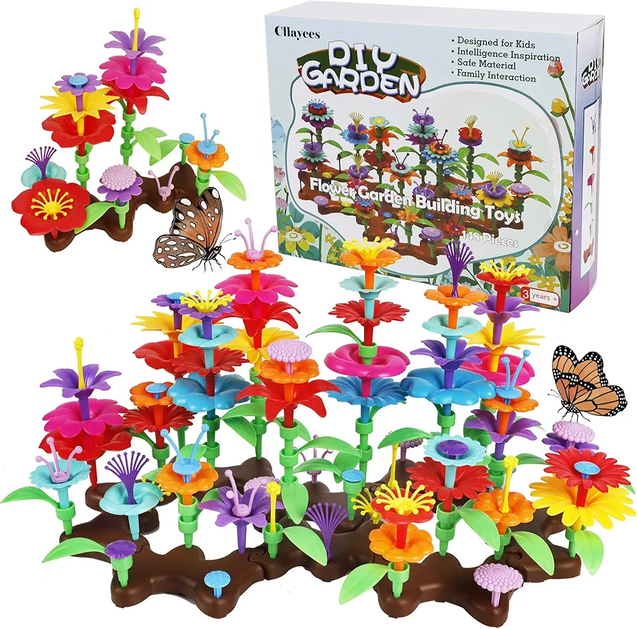 148 Pcs Flower Garden Building Toy Set for Kids, Building Blocks Pretend Gardening Set Preschool Educational Activity Stem Flower Garden Stacking Game Gift for Boys Girls Age 3-7 Year Olds