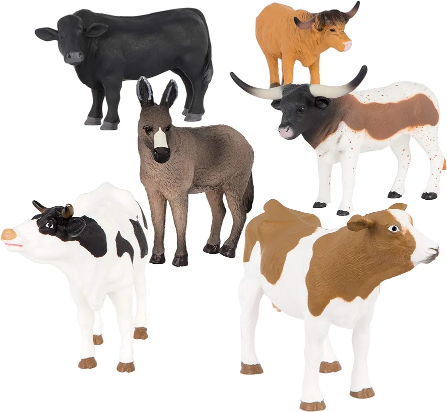 Terra by Battat – 6 Pcs Farm Animal Toys – Realistic Plastic Animal Figurines including Cow, Bull, Donkey – Educational & Collectible Farm Playset for Kids 3+