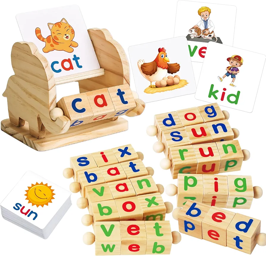 Montessori Learning and Educational Toys Gifts for Kids 3 4 5 Years, Wooden Reading Blocks Toys, Learning Activities for Preschool Kindergarten, Turning Rotating Matching Flash Card Games