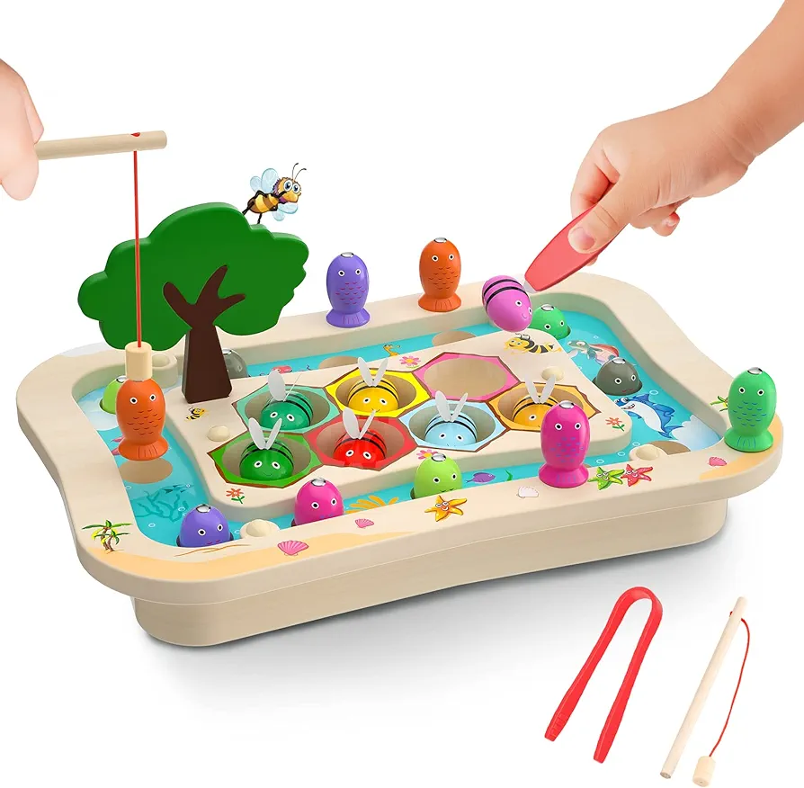 Wooden Montessori Toys for 2 3 4 Year Old, Toddler Toys Educational Learning Toys Magnetic Fishing Game Bee Color Sorting Fine Motor Skills Toys Gifts for 2 3 4 Year Old Boys Girls