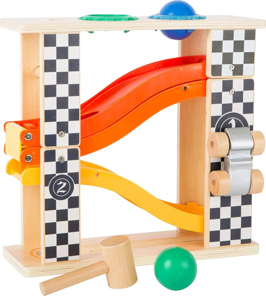 Small Foot Wooden Toys - Wooden Marble Run and Knock Hammer Bench in Rally Design