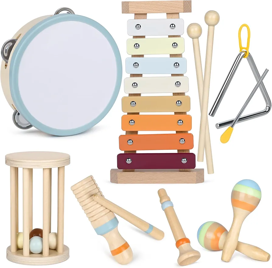 Toddler Musical Instruments, Montessori Baby Musical Instruments for Toddlers 1-3, Wooden Musical Toys with Modern Boho Xylophone for 1 2 3 Year Old Kids Preschool Educational Birthday Gift