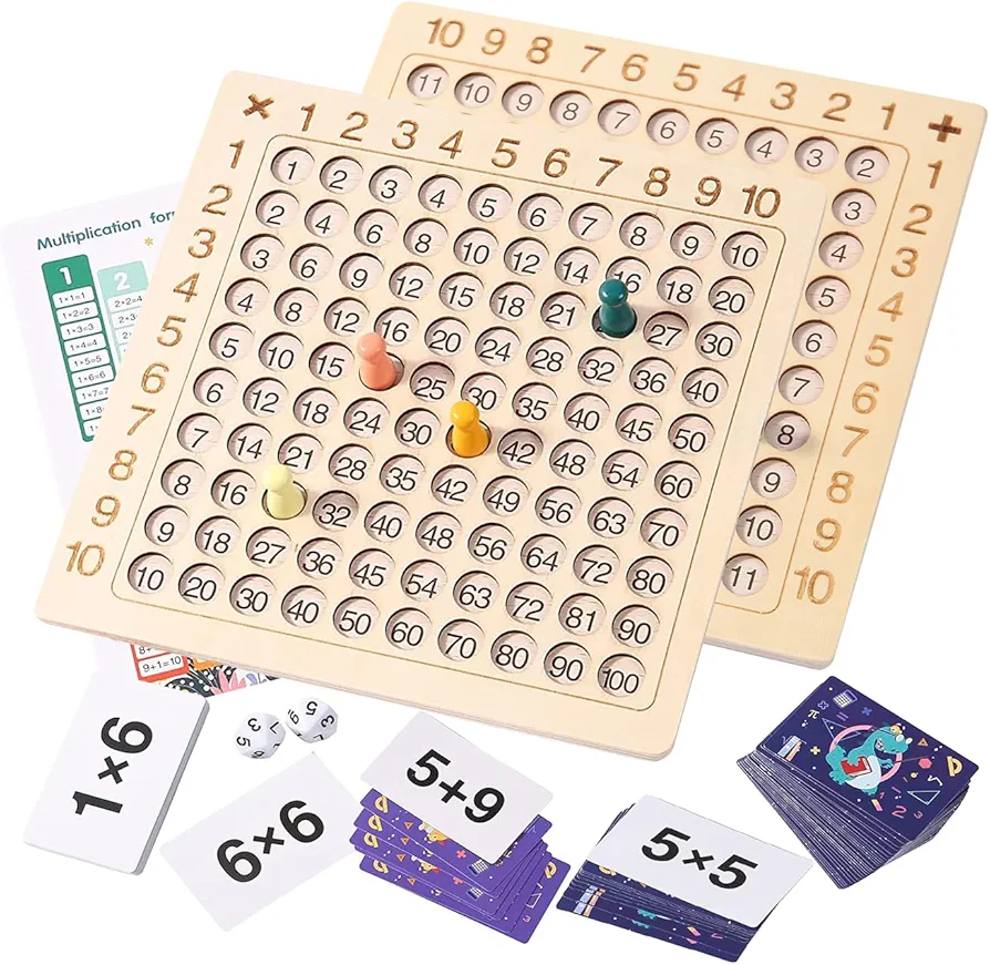 2 in 1 Multiplication Addition Math Board Game for Kids - Wooden Montessori Math Toys for Girls Boys 4 5 6 7 8 9 Years Old Wood Double Sided Board Table Dice Card Games for Family