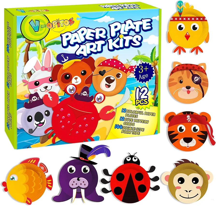 V-Opitos Arts and Crafts Kits for Kids, 12 Pack Paper Plate Crafts, Simple Animal Crafts for Toddler Age of 3, 4, 5 Years Old, Fun Preschool Classroom Activity Project for Boy & Girl