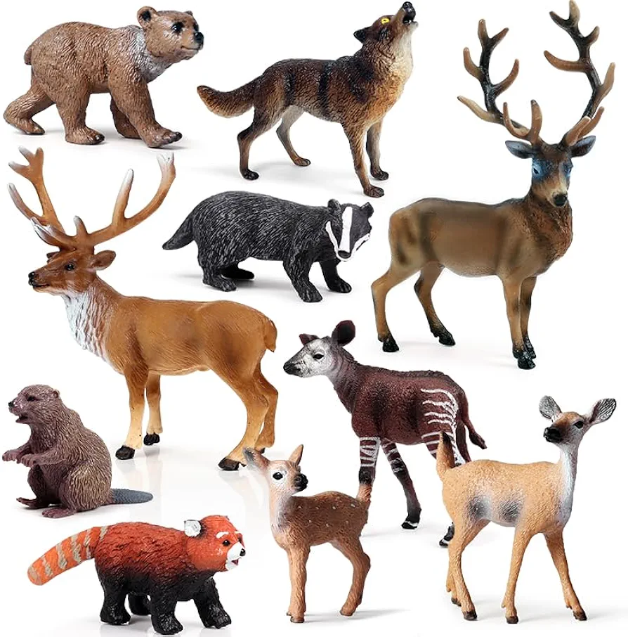 10PCS Forest Animal Figures, Realistic Woodland Animal Figurines, Plastic Jungle Animal Toys Set with Deer Elk Wolf Bear Okapi Panda Beaver Badger