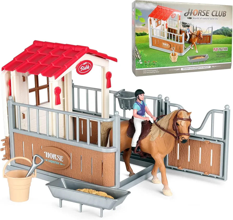 RCOMG Horse Club, Horse Toys Gift for Girls and Boys, Horse Stall Set with Horse Figurine, 11 Pieces Horse Stable Playset