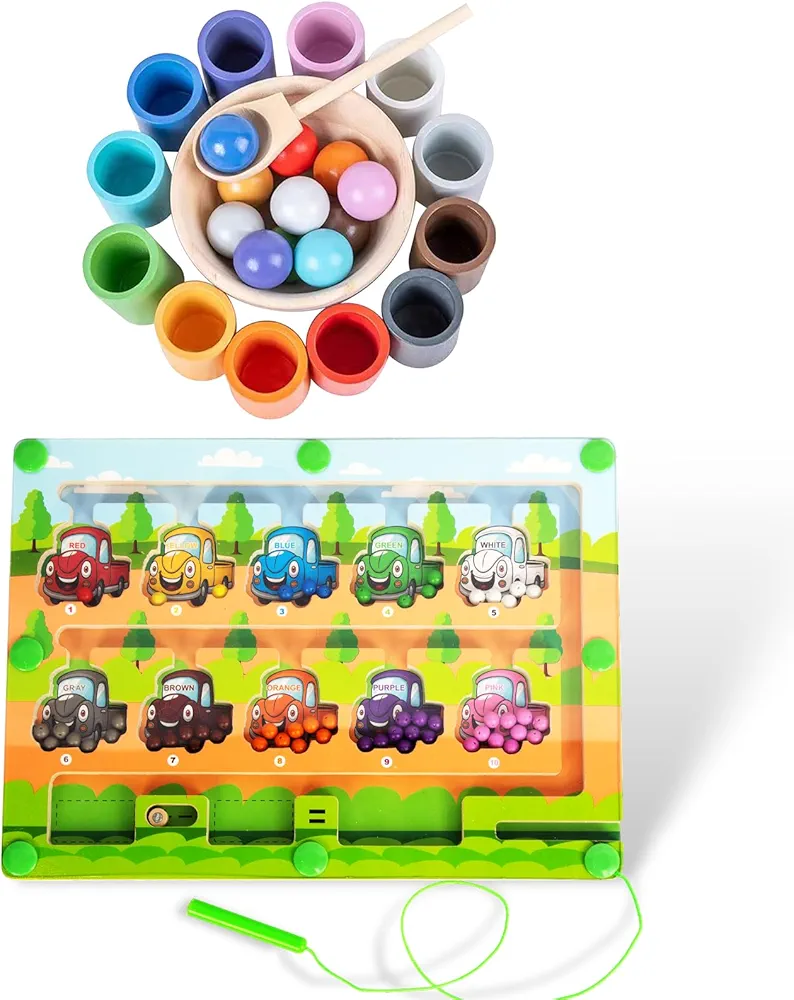 Rainbow Balls in Cups and Magnetic Maze Toddler Montessori Toys for 1 Year Old Up, Kids Preschool Wooden Matching Games for Learning Color Sorting and Counting