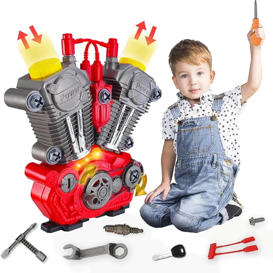 V8 Small Car Engine Model kit Toy for Kids Educational Science Building Toys for Boys Age 3 4 5 6 7 8 Year Old Birthday Gifts Children Take Apart Mechanic Tool Set