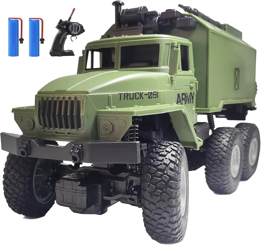 RC Military Truck for Boys 4-7, 1:16 Remote Control 4WD Off-Road Crawler, Army Cars Toys with 2 Rechargeable Batteries, All Terrain Toy Vehicle with Lights, Birthday for Kids