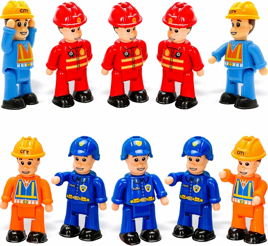 FUNERICA 10-Set Toy People Figures - Bendable Fireman, Police, Construction Workers, Community Helpers, Play Little People Toys Figurines Dollhouse Firefighter playset