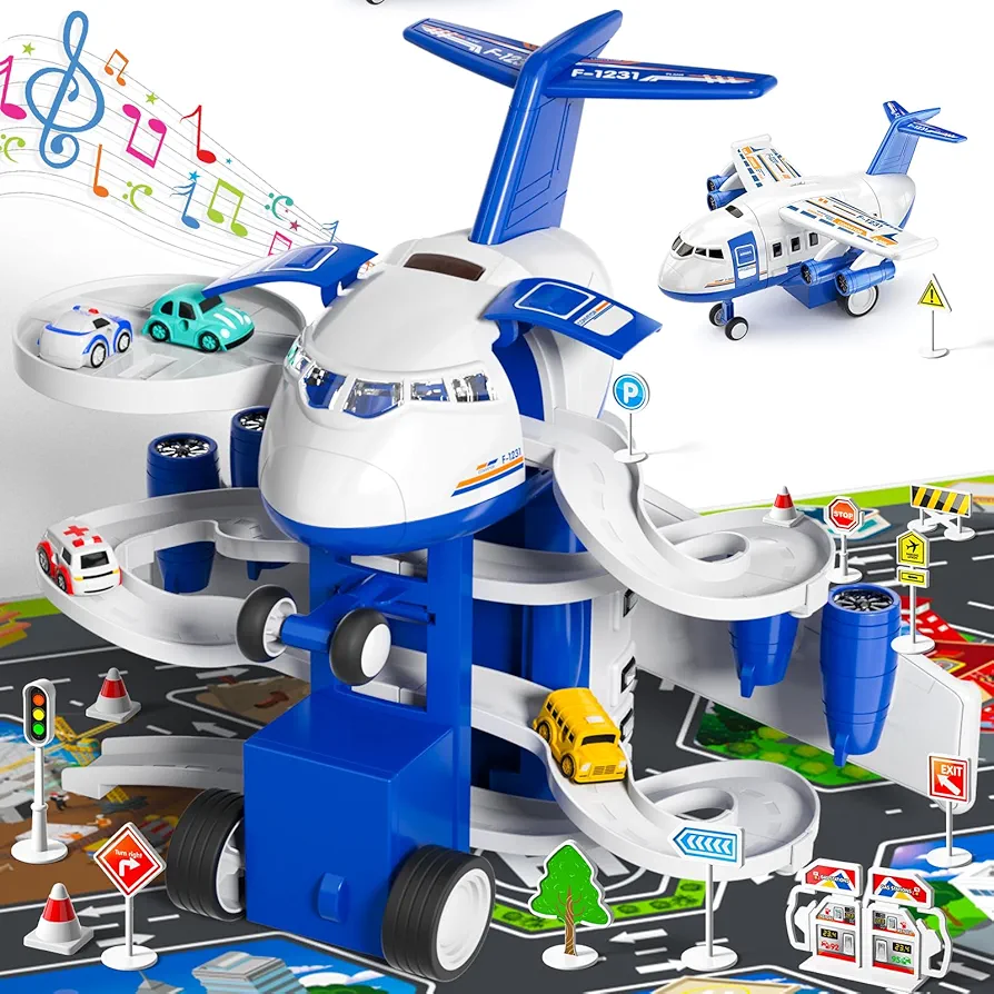 TEMI Kids Airplane Toys Race Track Car Toys for 3 4 5 6 7 Boys - Transport Plane Adventure Car Toys for Toddler Age 2-6 with 8 City Cars, Garage Parking Lot Playmat, Birthday Gift for Girls