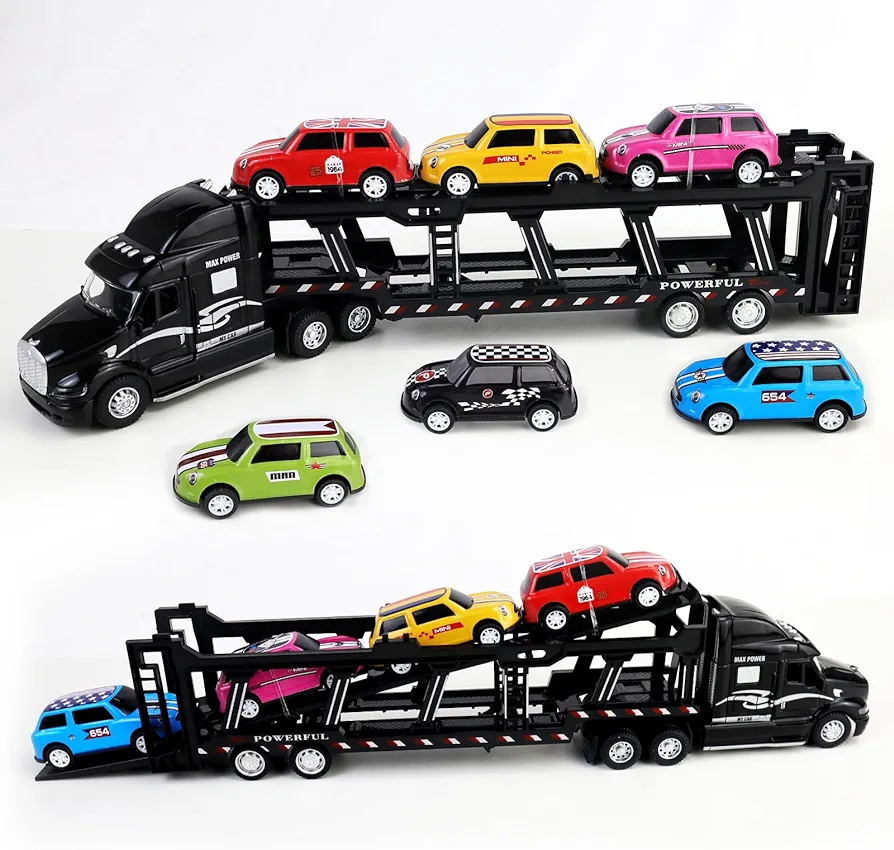 CORPER TOYS Diecast Pull Back Transport Car Carrier Truck Toys with 6 Mini Cars Transport Vehicles Playset for Kids Boys Girls Gift for Birthday Christmas