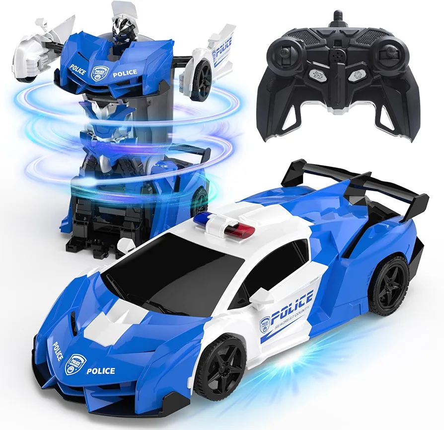 DEERC Transform Remote Control Car,2.4GHz Robot RC Cars,1:18 Scale Police Car Toy One-Button Deformation & 360° Rotating Drifting for Kids Boys Age 4-7 8-12 Birthday Xmas Gift