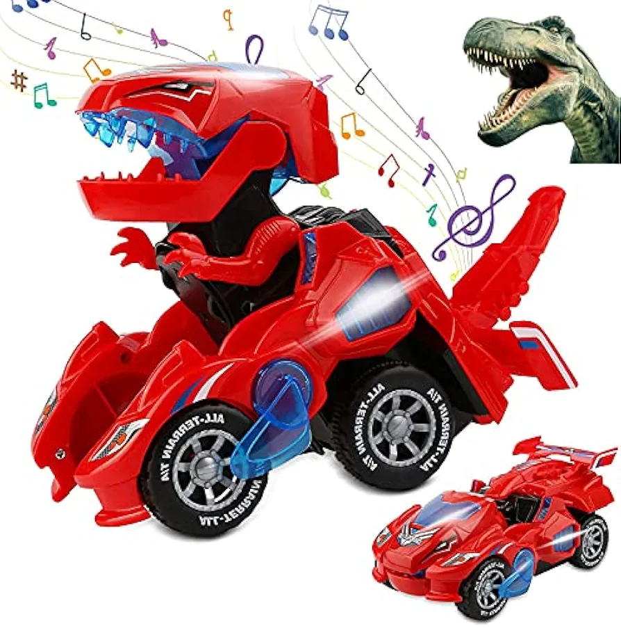 Transforming Toys, 2 in 1 Transforming Dinosaur LED Car Dinosaur Transform Car Toy Automatic Dinosaur Dino Transformer Toy Car Lamps for Kids,Toddlers ( Ages 3-12, Red)