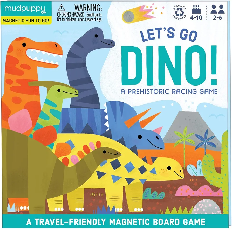 Mudpuppy Let’s Go, Dinos! Magnetic Board Game – Colorful Racing Game for Kids Ages 5-10, 2-6 Players – Compact & Magnetic Design, Ideal Travel Activity for Kids, Instructions Included