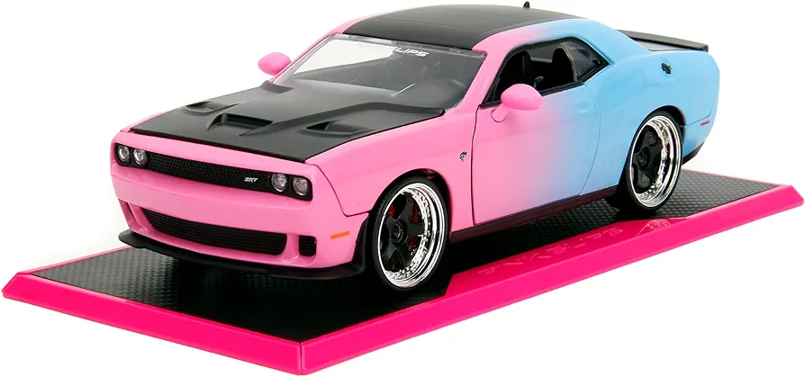 Pink Slips 1:24 W5 2015 Dodge Challenger SRT Hellcat Die-Cast Car w/Base, Toys for Kids and Adults(Pink/Blue Gradient)