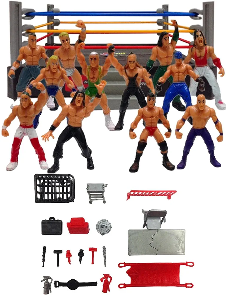 Wrestling Toys Wrestling Figure Playset, Complete Wrestling Figure Playset, Wrestlers Warriors Toys with 12 Small Action Figure Wrestling Players and 1 Ring for Boys Girls Gifts