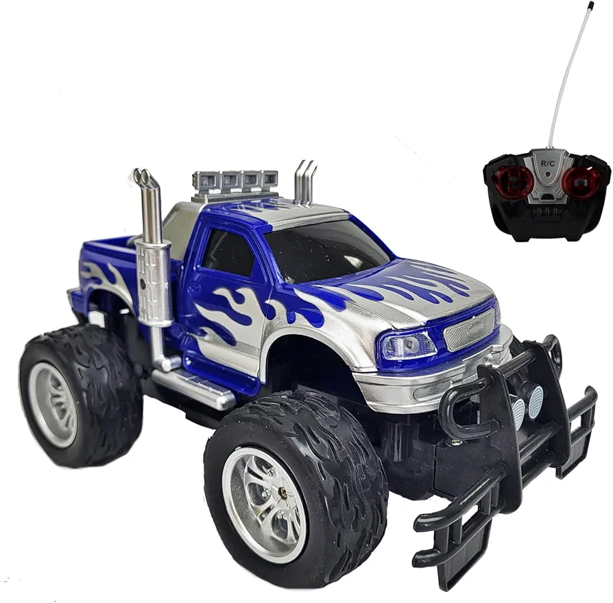 Full Function R/C Toy Blue Silver Flame Decal Monster Truck Remote Control Car for Boys Kids