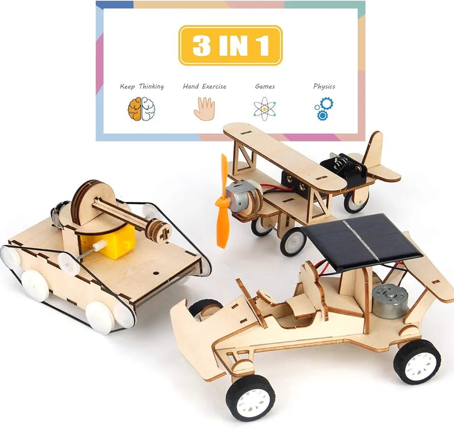 Mini Tudou 3D Wooden Puzzle Solar Car, 3-in-1 STEM Science Kit Toy to Build Wood Models Including Solar Power Vehicle Electronic Tank and Plane Toys Set, DIY Educational Play Set for Kids Boys Girls