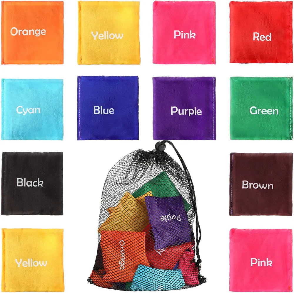 Sotiff 20 Pcs Colored Bean Bags Mini Educational Beanbags Learn Colors Toy 2.76 x 2.76 in Cornhole Bean Tossing Bag for Preschool Classroom Outdoor Carnival Family Catch Toss Sensory Game(Words)