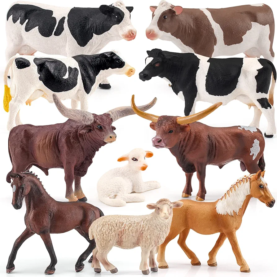 Cows Toys Playset 10PCS Bull Bulk Cows for Toddlers Sheep Figures Haflinger Horses Figurines Lamb Model Kids Farm Animals Birthday Party Collection