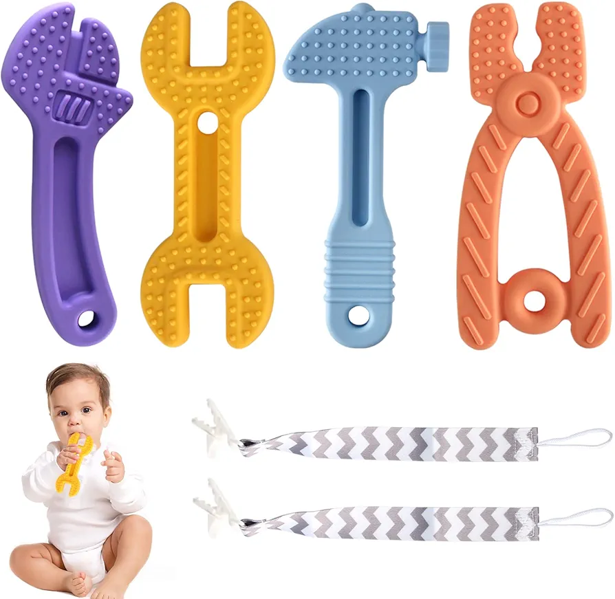 4 Pack Chew Baby Teething Toys for 0-12 Months, Freezable BPA Free Silicone Baby Molar Teether Chew Toys, Hammer Wrench Spanner Pliers Shape Baby Girl's Boy Car Seat Toy