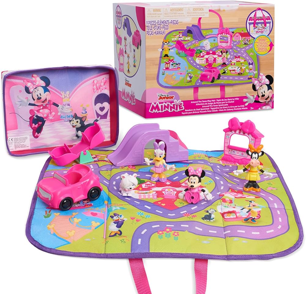 Disney Junior Minnie Mouse Around the Town Play Mat, 9-piece Figure Playset, Officially Licensed Kids Toys for Ages 3 Up, Amazon Exclusive