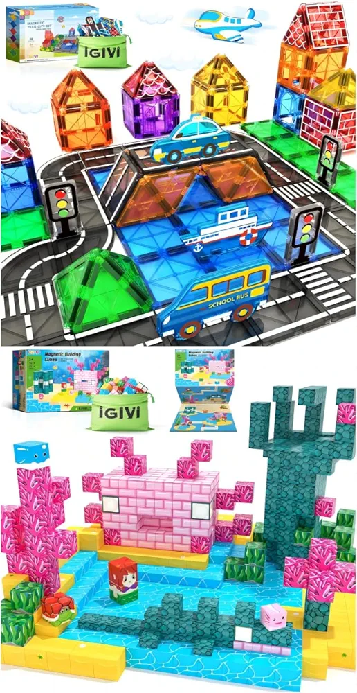 Kids Toys Magnetic Tiles- Road Set with Car Toys for 3+ Year Old Boys & Girls, Build Mine Magnet World Ocean Set, STEM Montessori Sensory Toys for Toddler 3+ Year Old Girls Boys, Classroom Must Haves